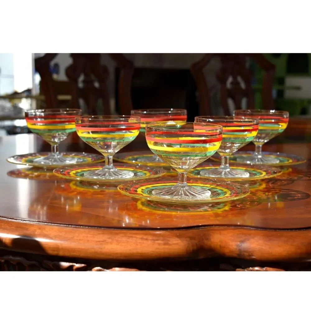 12-Piece Vintage Fiesta Go-Along Glass Set, Red, Yellow, Green, and Black Bands